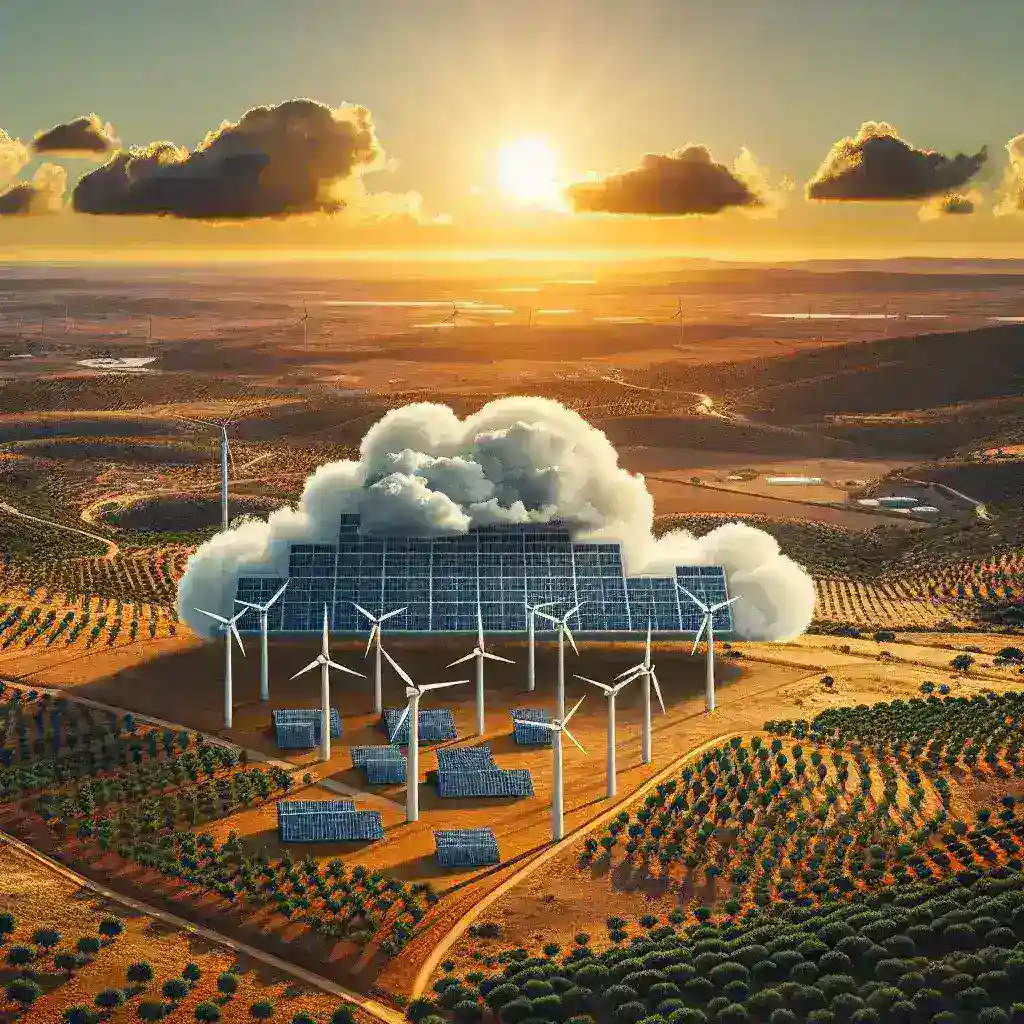 "Imagem de uma paisagem do Alentejo com painéis solares e turbinas eólicas, representando plataformas de cloud computing sustentáveis na região."